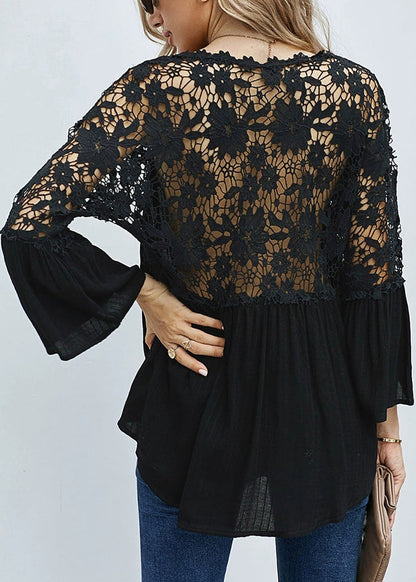Black Hollow Out Tops V Neck Fall
