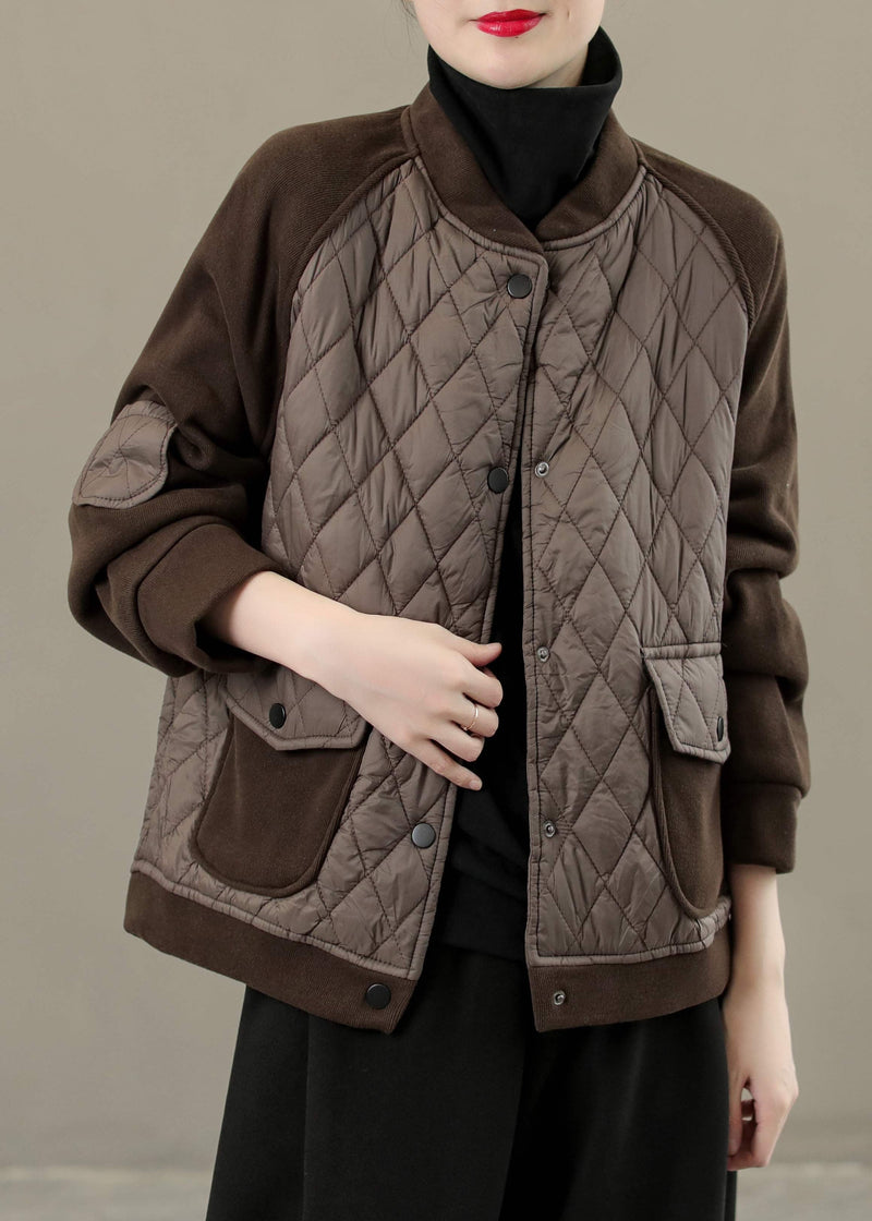 Coffee O-neck Plaid Patchwork Button Down Jackets Winter