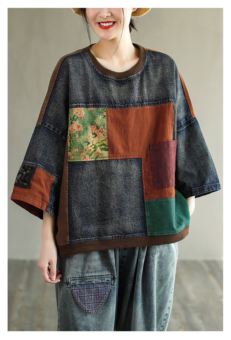 Print Denim Panel Doll Sleeve T-shirt