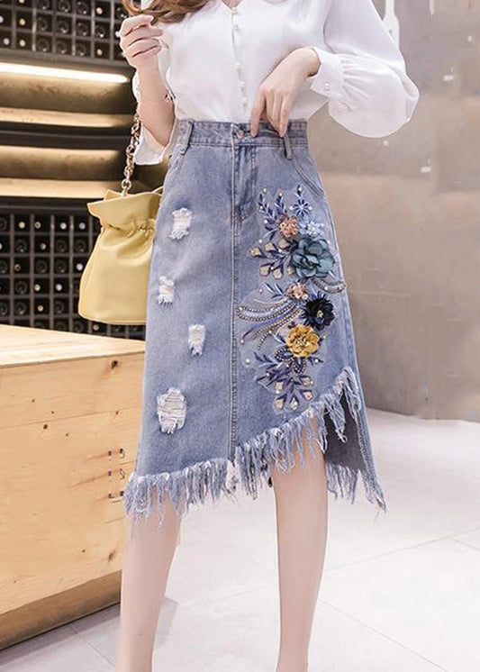 Blue Asymmetrical Patchwork Tassel Hole Denim Skirts Summer