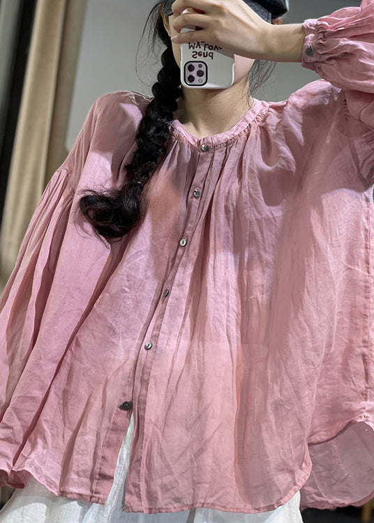 Pink O Neck Button Patchwork Cotton Shirt Top Spring