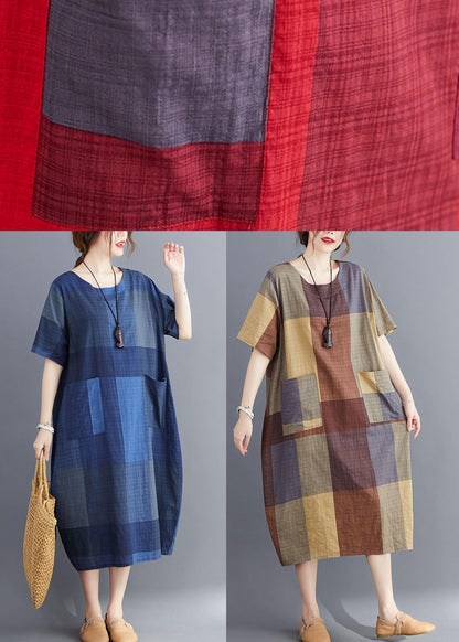 Corron Linen Red O Neck Plaid Summer Maxi Dresses