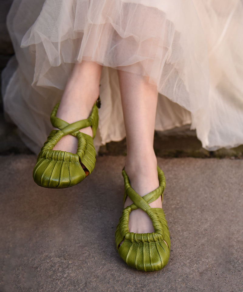 Splicing Sandals Green Cowhide Leather Hollow Out Cross Strap