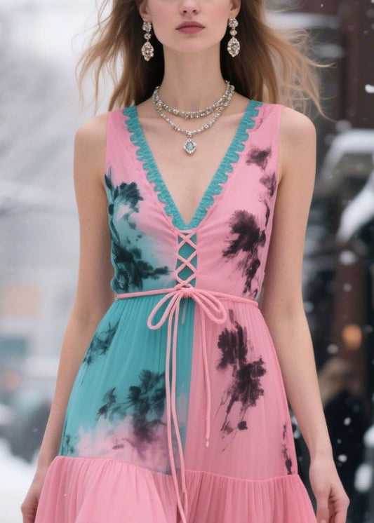 Pink Cross Strap Patchwork Chiffon Holiday Dresses Summer