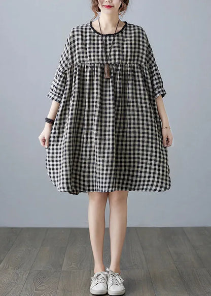 O-neck Wrinkled Pocket Plaid Linen Loose Dresses Half Sleeve
