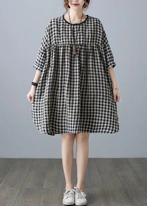 O-neck Wrinkled Pocket Plaid Linen Loose Dresses Half Sleeve