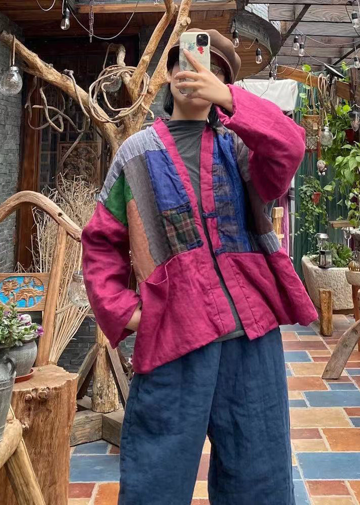 Green V Neck Pockets Patchwork Fine Cotton Filled Jackets Winter