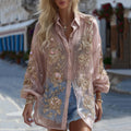 Women's Vintage Floral Embroidery Art Linen Blend Shirt elevenforest