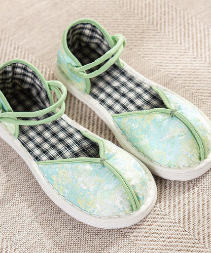 Green Flat Shoes for Cotton Fabric Splicing Buckle Strap Embroidery