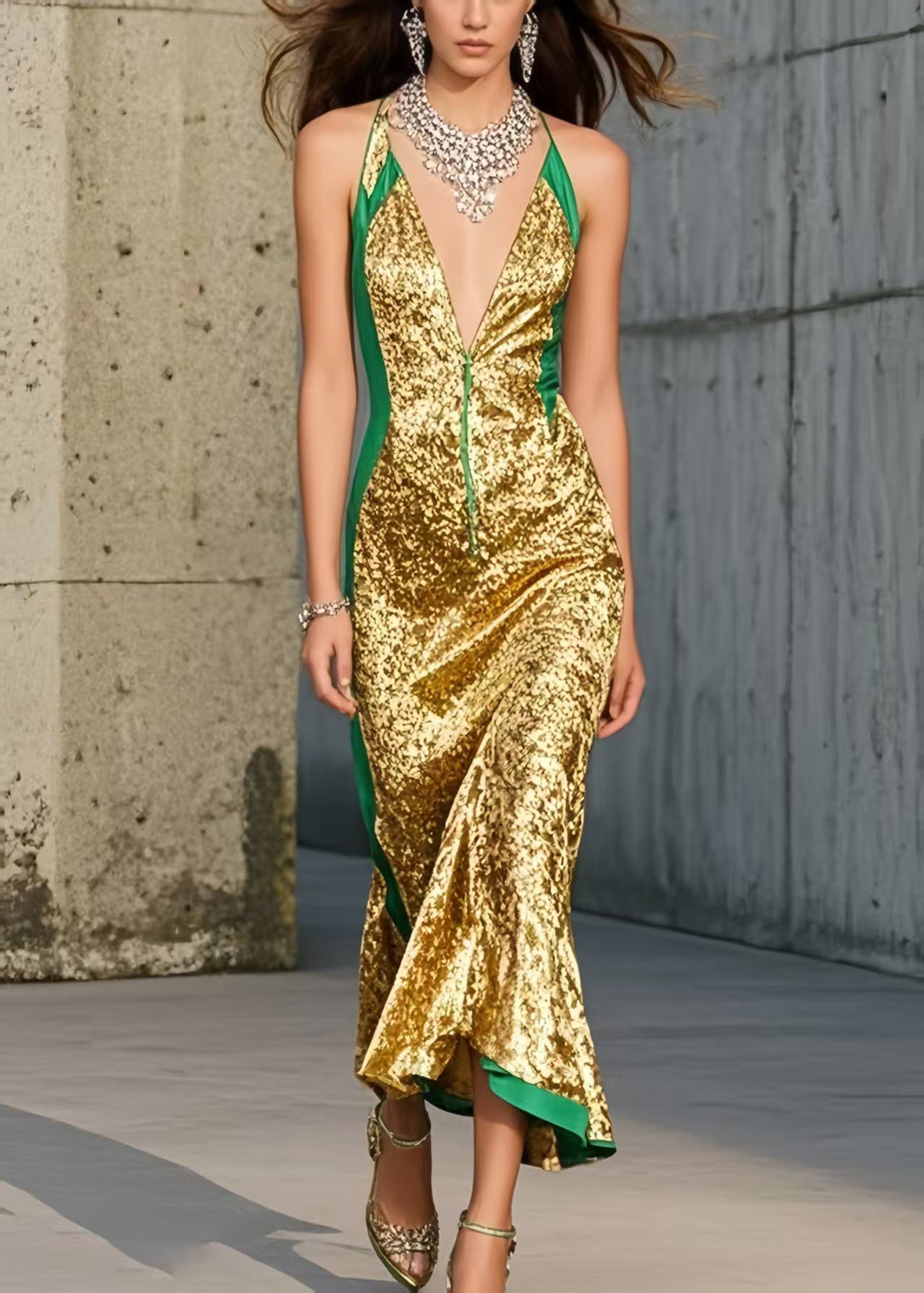 Silm Fit Golden Deep-v Neck Wraped Halter Sundress