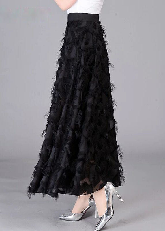Black Tasseled Patchwork High Waist Chiffon Skirt Spring