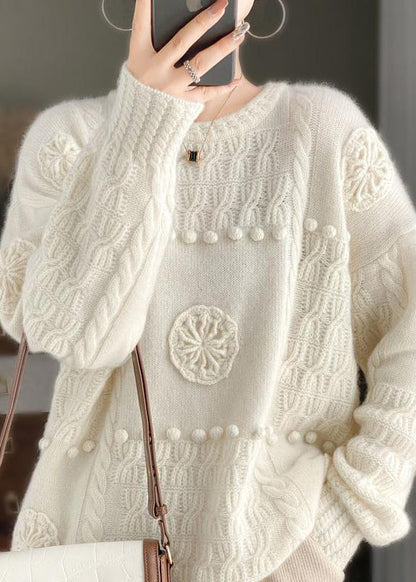 White O-neck Cozy Cashmere Knit Sweater Long Sleeve