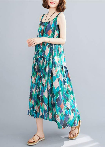 Diy Green Print Cotton Linen Dress Spaghetti Strap Patchwork a Line Summer Dress