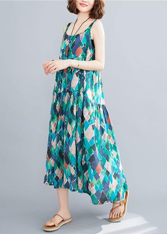 Diy Green Print Cotton Linen Dress Spaghetti Strap Patchwork a Line Summer Dress