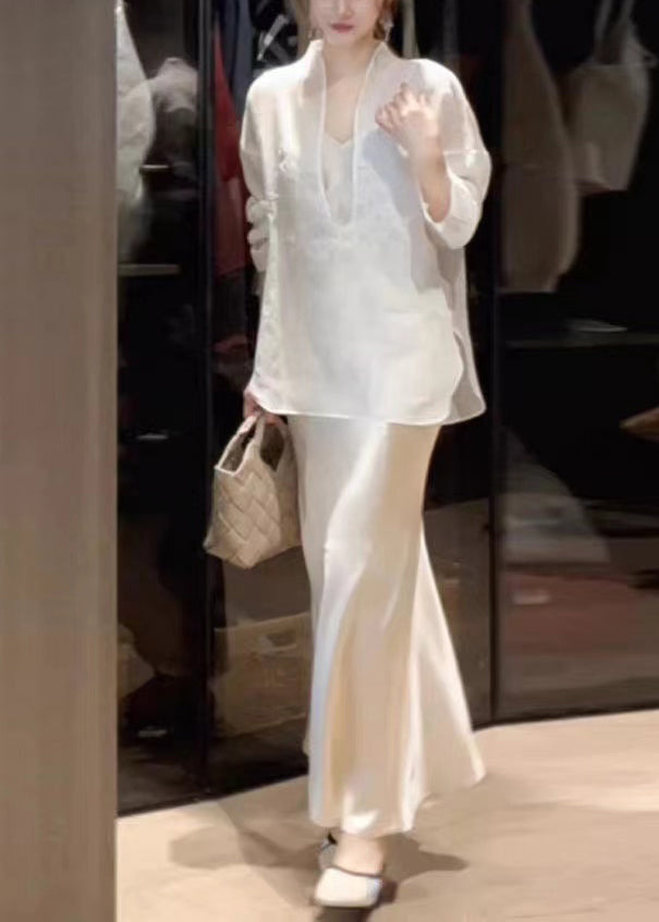 White Top and Skirts Silk Two Piece Suit Set Spring