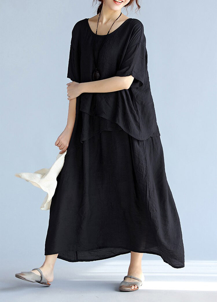 Baggy Gray Long Linen Dresses Oversized Layered Cotton Maxi Dress Short Sleeve Cotton Clothing