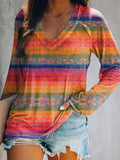 Women's Casual Vintage Floral Art Print V Neck Long Sleeve Tops