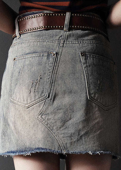 Grey High Waist Tassel Pockets Cotton Denim Ripped Skirts Cozy