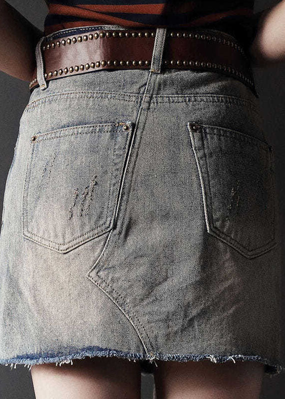 Grey High Waist Tassel Pockets Cotton Denim Ripped Skirts Cozy