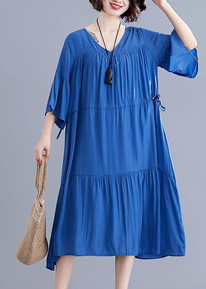 V Neck Drawstring Cotton Catwalk Blue Dress Summer