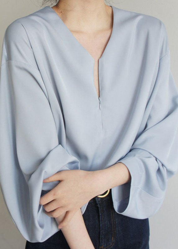 Loose Light Blue V Neck Chiffon Shirts Spring