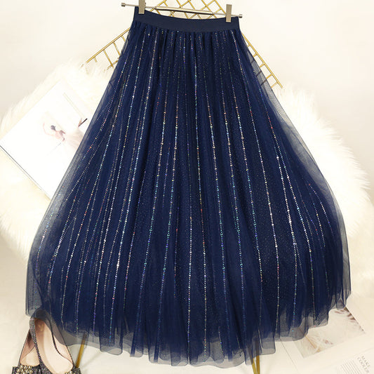 Loose Blue Sequins Tulle Pleated Skirt Summer