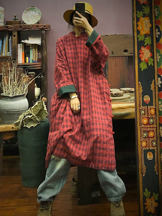 Stand Collar Button Cotton Robe Dress