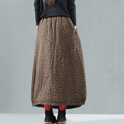 Retro Cotton Linen Quilted Thick Print Skirt