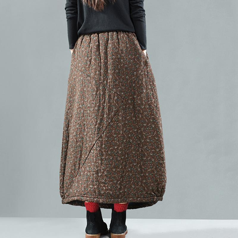 Retro Cotton Linen Quilted Thick Print Skirt