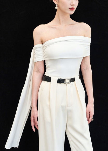 Slim Fit White Slash Neck Cotton Tops Sleeveless