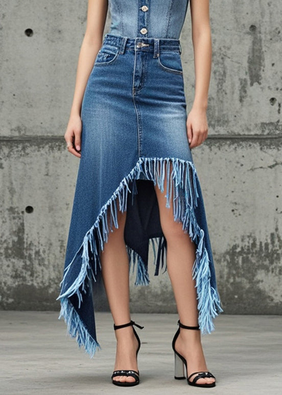 Blue Tasseled Asymmetrical Design Denim Skirt Spring