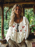 Bee & Flower Embroidered Boho Women's Linen Long Sleeve Shirt elevenforest