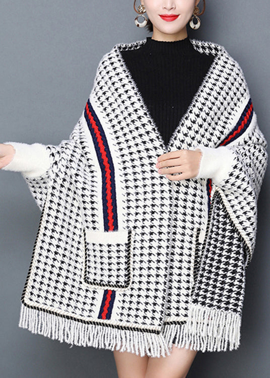 Plaid Tasseled Pockets Patchwork Knit Blended Cardigans Fall