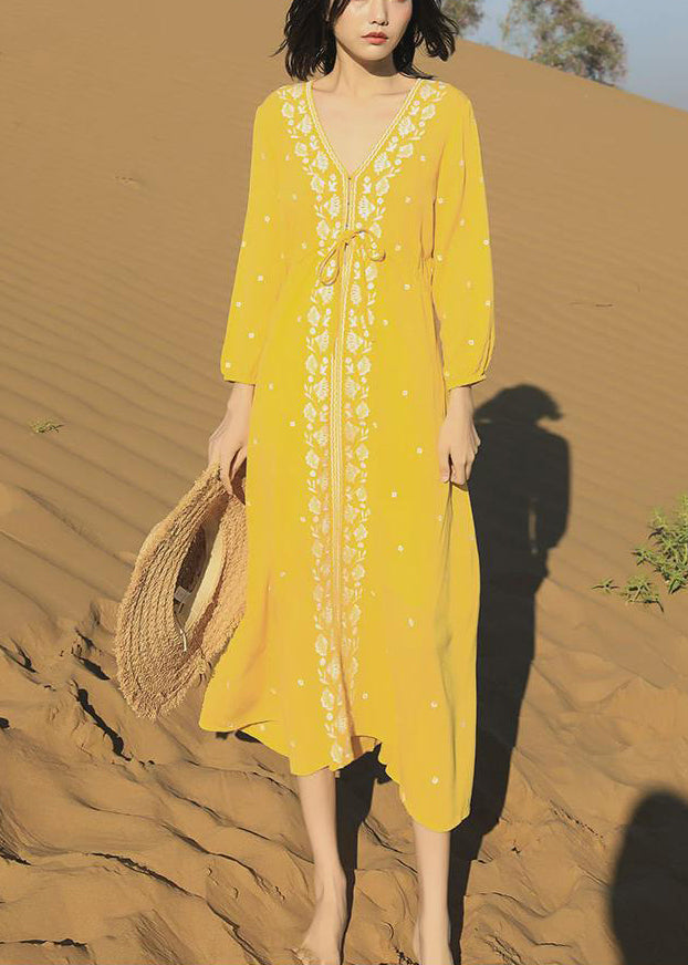 Yellow Embroidered Lace Up Cotton Long Dresses Bracelet Sleeve