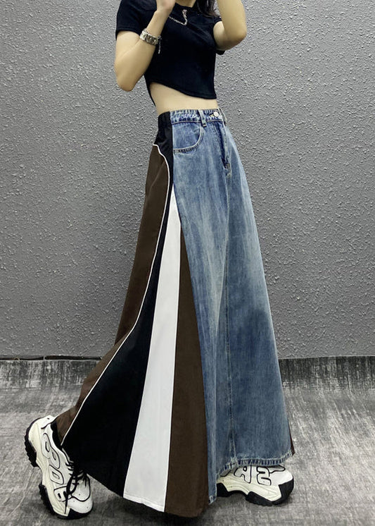 Boutique Blue Pockets Striped Patchwork Denim a Line Skirts Fall