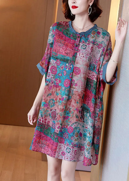 Red O-neck Print Button Side Open Linen Dress Half Sleeve