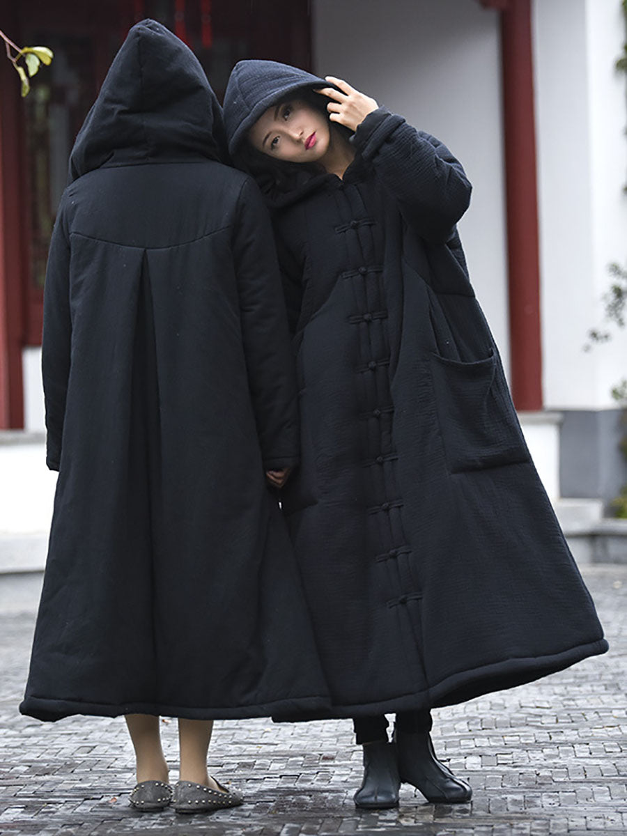 Winter Frog Pocket Hooded Long Coat