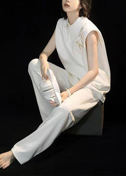 Chinese Style White O-neck Embroidered Top and Straight Pants Two Piece Set Summer