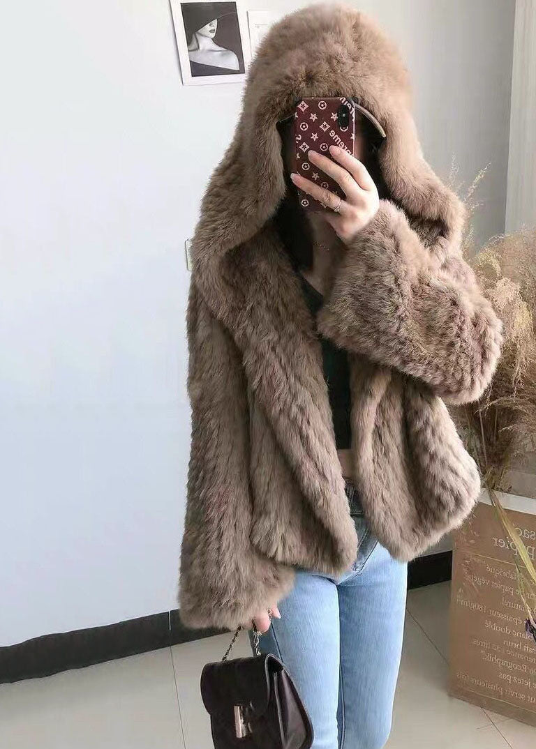 Coffee Hooded Color Rabbit Hair Knit Jacket Winter