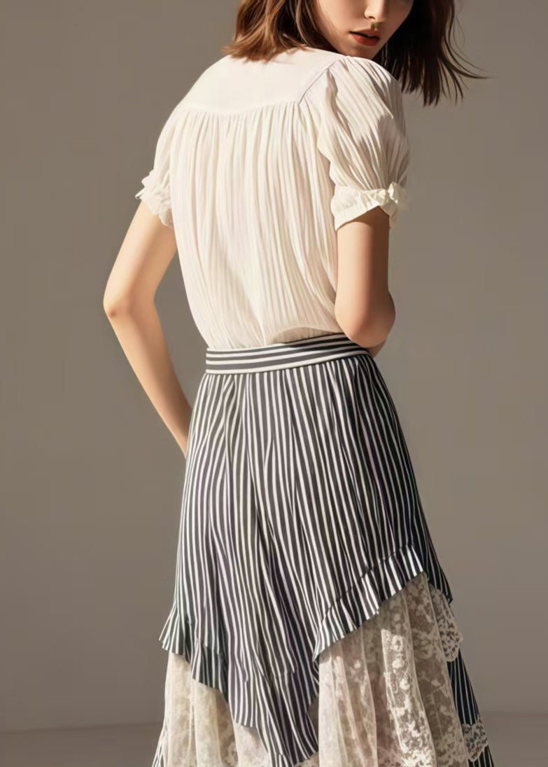 Blue Striped Asymmetrical Patchwork Lace Skirts Summer