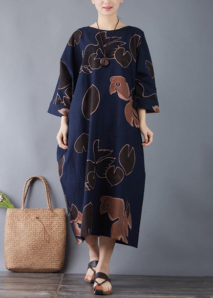 Vivid O Neck Pockets Cotton Navy Print Long Dresses Summer
