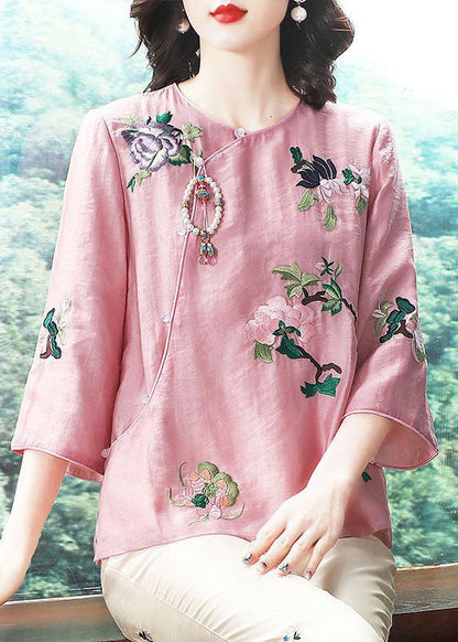 Chinese Style Pink Embroidered Patchwork Chiffon Tops Spring