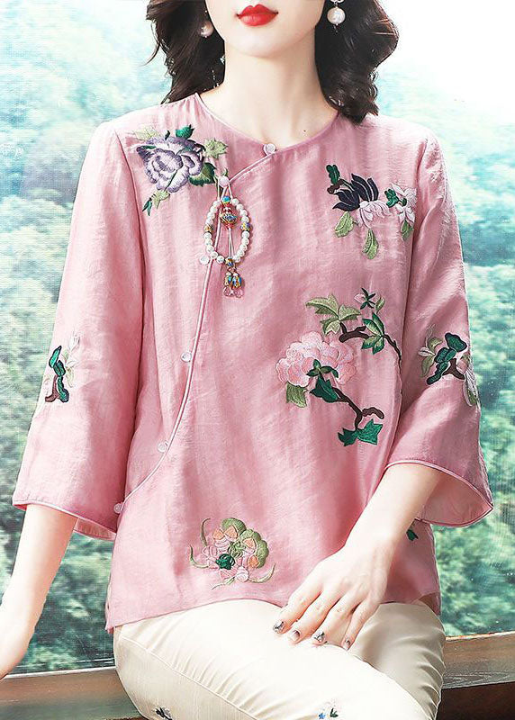 Chinese Style Pink Embroidered Patchwork Chiffon Tops Spring