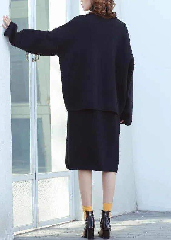 Set Female Large Size Turtleneck Sweater Suit Skirt Black Two-piece Long Paragraph Over the Knee