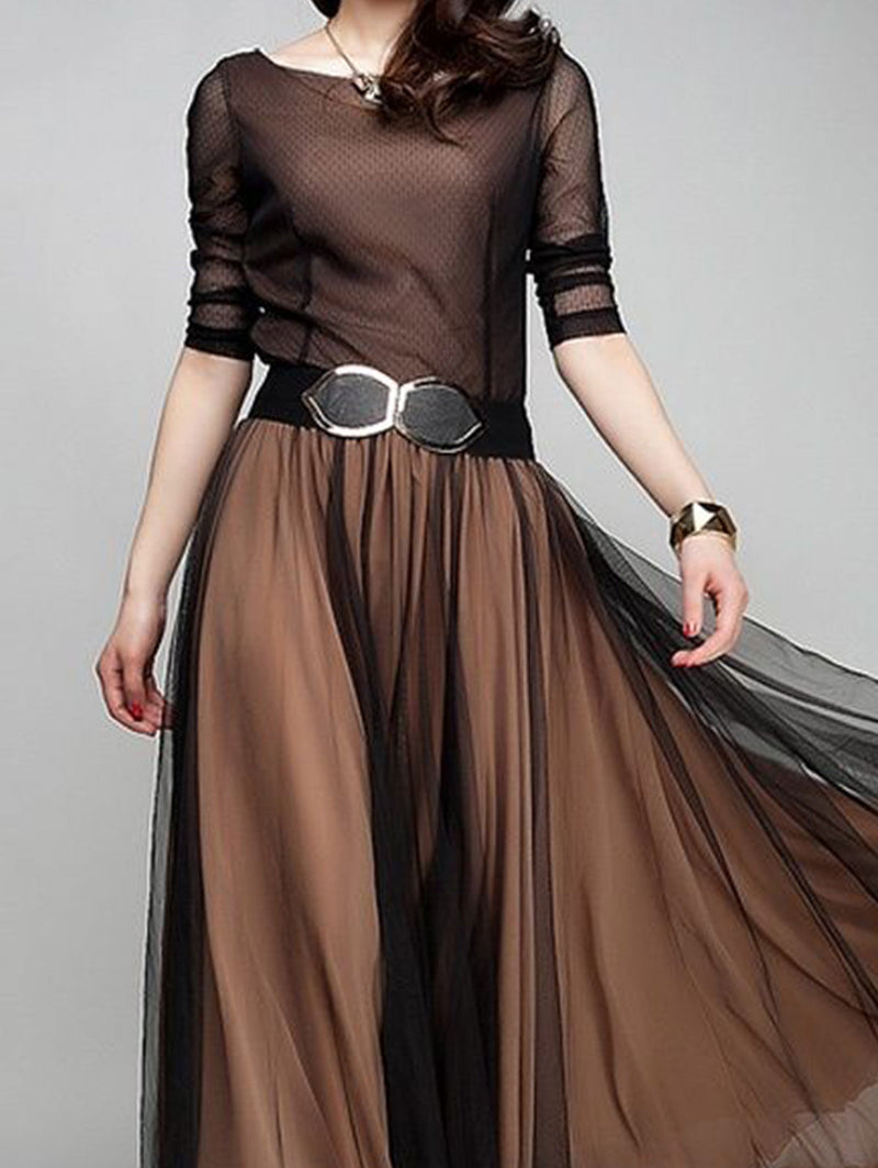 Plain Boat Neck Flowy Hem Maxi Dress