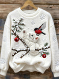 Comstylish Christmas Cat & Bird Embroidered Women's Soft Plush Sweater
