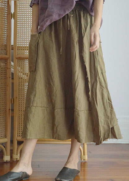 Green Elastic Waist Drawstring Asymmetrical Pocket Linen Skirt Spring