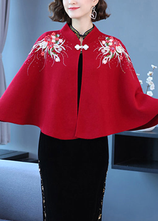 Wine Red Stand Collar Embroidered Patchwork Woolen Coats Fall