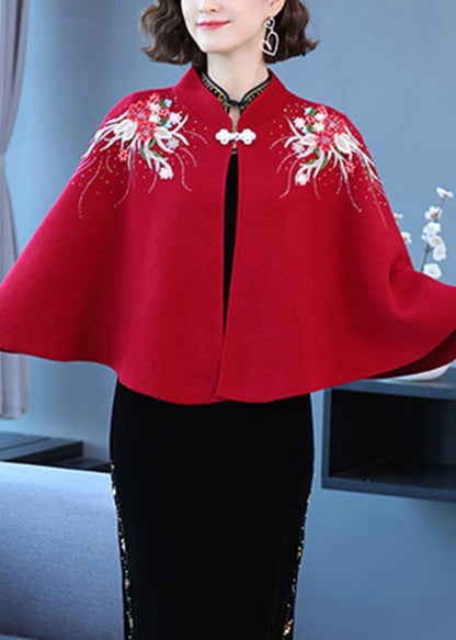 Wine Red Stand Collar Embroidered Patchwork Woolen Coats Fall