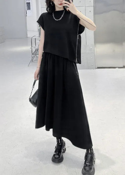Black Zip Up Patchwork Tops and Skirts Cotton Two Pieces Set Fall